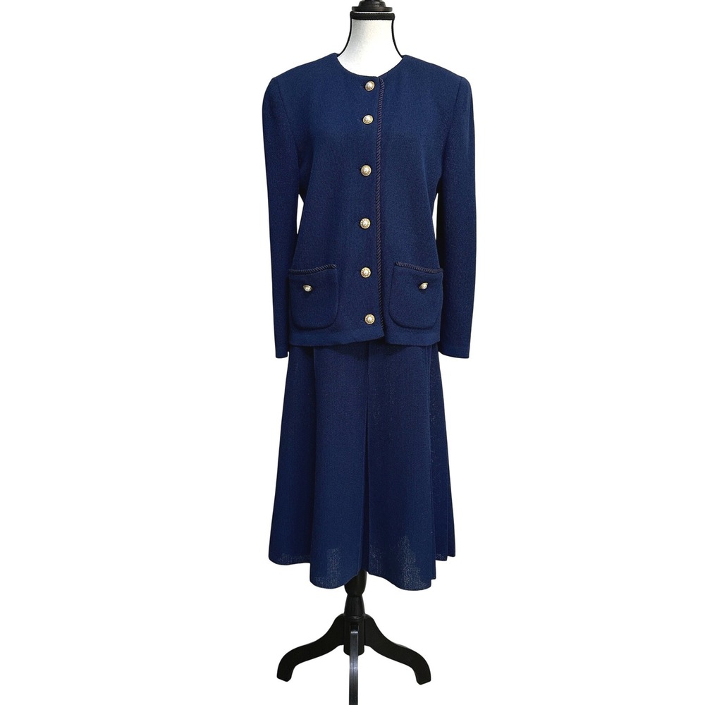 VTG Castleberry Knit Skirt Suit Womens 12 Navy Blue Old Money Luxury ILGWU USA